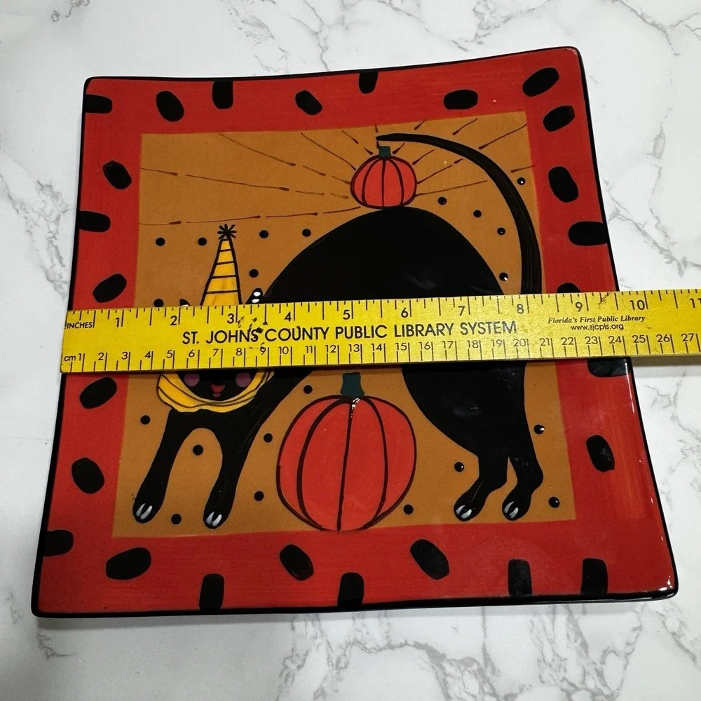 Sharon Bloom Handpainted Halloween Black Cat Ceramic Plate Hanger Wall Art 9.5